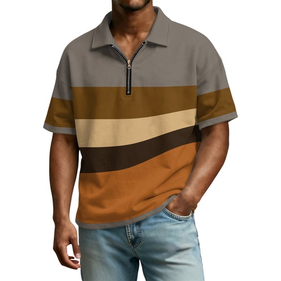 Hogleaql Men's Shirts Summer Quarter Zip Short Sleeve Lapel Trendy Shirts Casual Business Loose Blouses Comfy Striped Print Clothes Ginger XL