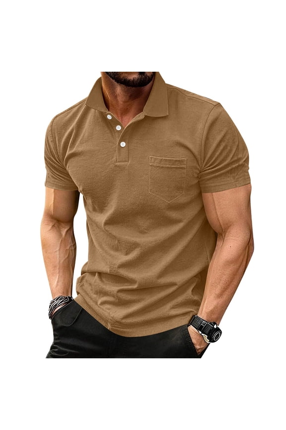 Men's Short Sleeve Polo Shirt Comfy Fashion Collared Relaxed Fit Loose Button Down Summer Shirts Solid Men's Tops Light Brown 3XL