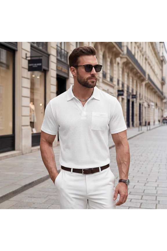 Men's Short Sleeve Polo Shirt Soft Fashion Collared Casual Loose Fit Button Summer Shirts Solid Men's Tops White 3XL