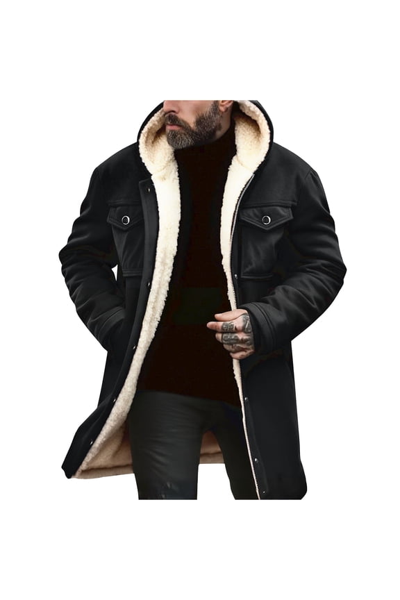 Men's Suede Jacket Patchwork Plush Retro Suede Thicken Reversed Collar Hooded Jacket with Pockets Zipper Long Sleeve Oversized Winter Coat Black M