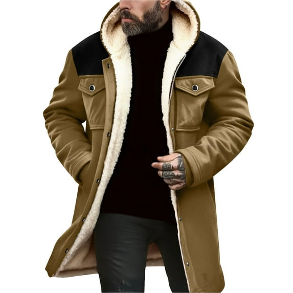 Hogleaql Men's Suede Jacket Patchwork Plush Vintage Suede Warm Reversed Collar Hooded Hoodies with Pockets Full Zip Long Sleeve Oversized In Winter Coat Khaki L