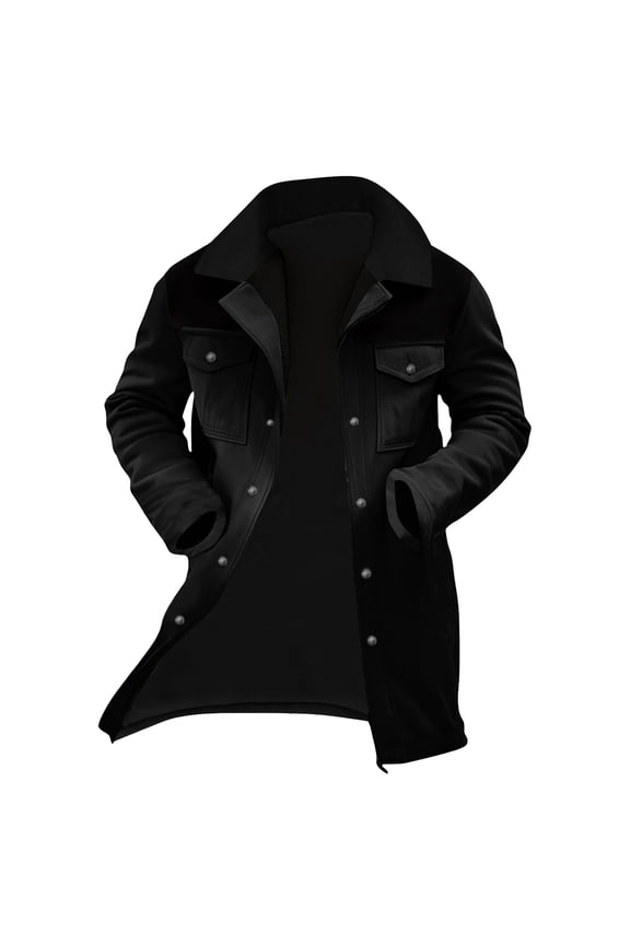 Men's Suede Jacket Patchwork Retro Plush Thicken Reversed Collar Long Sleeve Jacket Multi-Pocket Full Zip Loose Winter Coat Black S