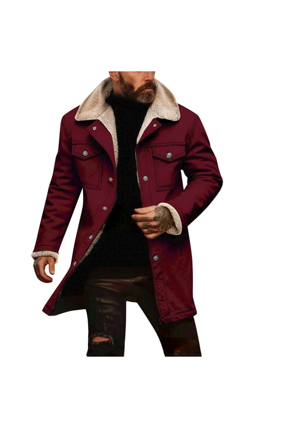 Men's Suede Jacket Patchwork Retro Plush Thicken Reversed Collar Long Sleeve Jacket with Pockets Full Zip Loose Fit Winter Coat Wine M