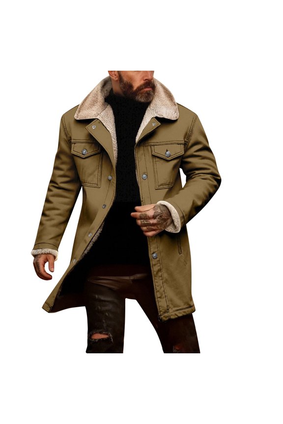Men's Suede Jacket Patchwork Retro Plush Warm Reversed Collar Long Sleeve Jacket with Pockets Zipper Loose Winter Coat Khaki 3XL