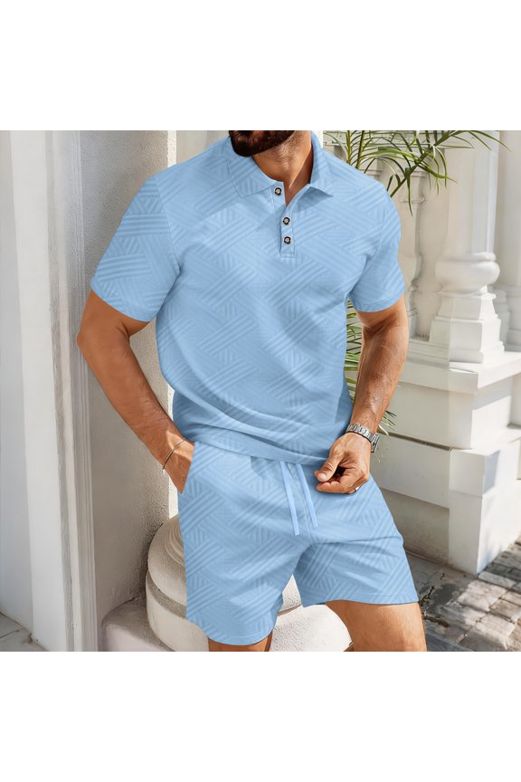 Men's Summer Beach Outfits 2 Piece Collar Short Sleeve Polo T-Shirts and Shorts Sets Drawstring Waist Vacation Dressy Loose Fit Matching Outfits Sky Blue L