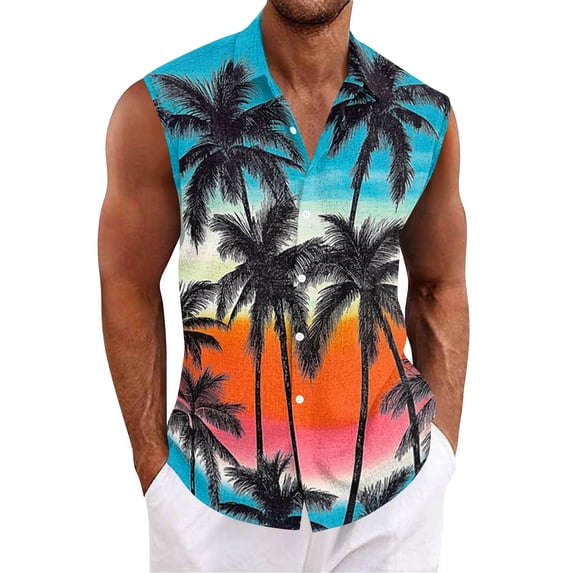 Hogleaql Men's Summer Sleeveless Dress Shirts Tank Top Button Down Hawaiian Tank Top Tropical Graphic Lounge Dressy Beach Outfits Purple XL