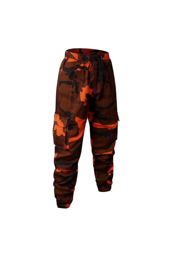 Men's Tactical Pants Fashion Waterproof Hiking Ripstop Stretch Pants with Multi-Pockets Cargo Loose Lightweight Solid Color Pant Saffron S