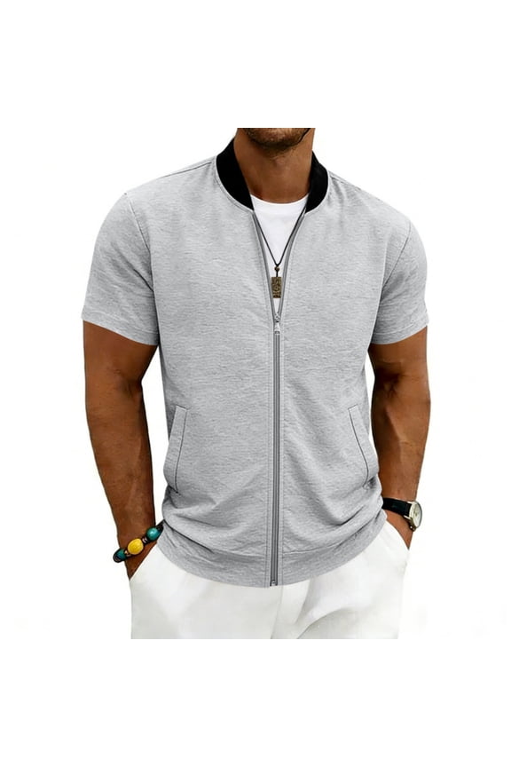 Men's Track Athletic Jackets Windbreaker Bomber Golf Short Sleeve Jacket Stylish Spring Fall with Pockets Zip Up Lightweight Jacket Light Gray M