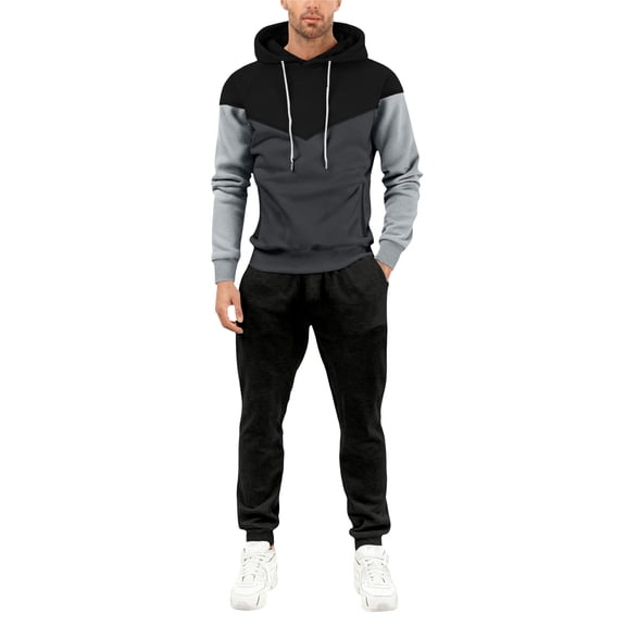 Hogleaql Men's Tracksuits 2 Piece Set Color Block Fleece Pullover Hoodies Joggers Sport Pant Set Sweat Fall Winter Suit with Pockets Dark Gray L