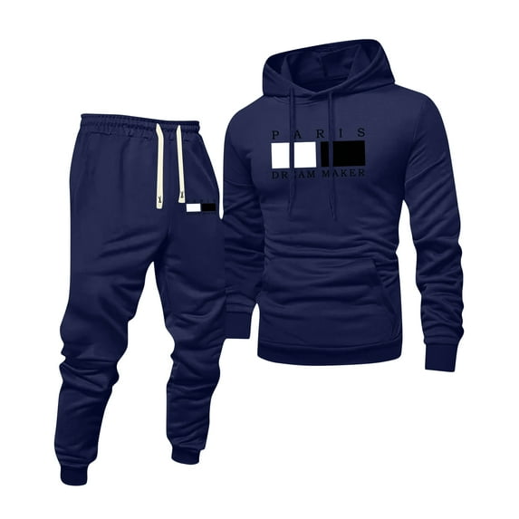 Hogleaql Men's Tracksuits 2 Piece Set Solid Color Fleece Pullover Hoodies Joggers Athletic Pant Set Casual Fall Winter Suit with Pockets Navy L
