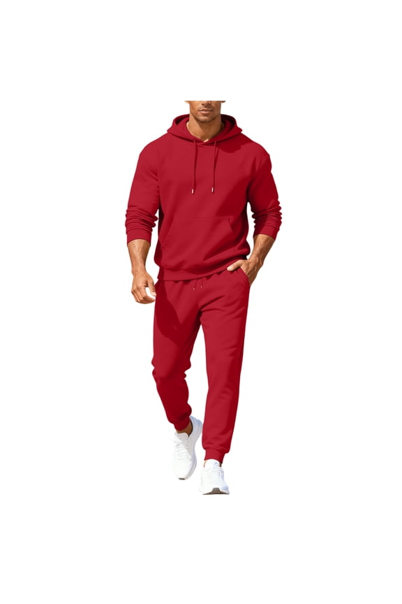 Men's Tracksuits 2 Piece Set Solid Color Fleece Pullover Hoodies Joggers Sport Pants Set Casual Fall Suit with Pockets Red M