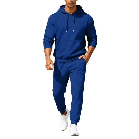 Hogleaql Men's Tracksuits 2 Piece Set Solid Color Relaxed Fit Hoodie Joggers Running Pants Set Fleece Fall Winter Suit with Pockets Royal Blue L