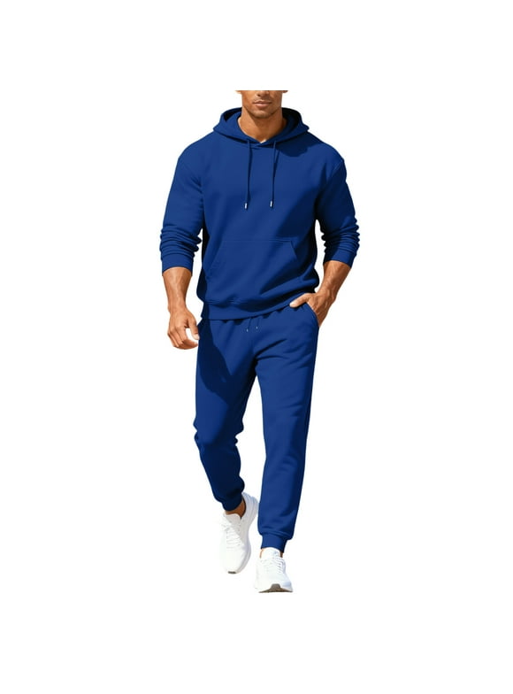 Men's Tracksuits 2 Piece Set Solid Color Relaxed Fit Hoodie Joggers Running Pants Set Fleece Fall Winter Suit with Pockets Royal Blue L