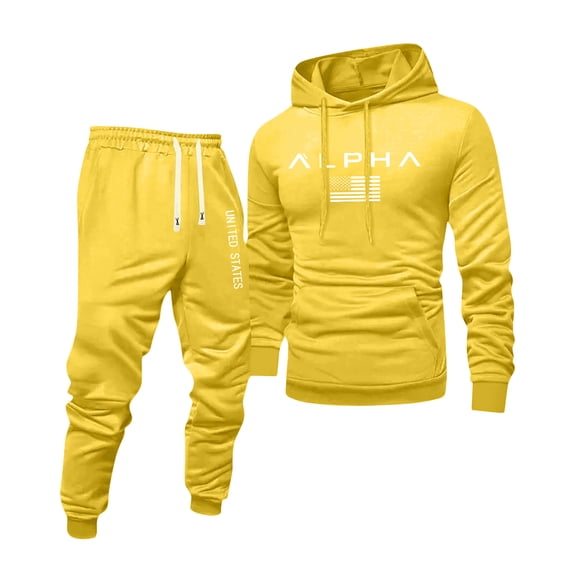 Hogleaql Men's Tracksuits 2 Piece Set Solid Color Sweat Hoodie Jogging Sport Pant Set Fleece Fall Winter Suit with Pockets Yellow L