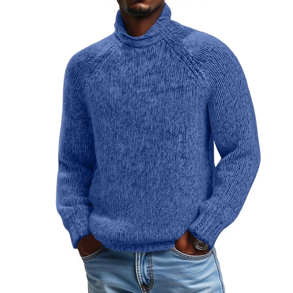 Hogleaql Men's Turtleneck Sweater Casual Comfy Long Sleeve Cable Knitted Fitted Sweater Thicken Fall Winter Solid Color Fashion Sweater Top Blue XL