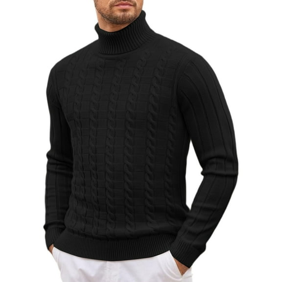 Hogleaql Men's Turtleneck Sweater Casual Comfy Long Sleeve Cable Knitted Slim Fit Sweater Warm Fall Winter Solid Color Fashion Pullover Sweater Black 2XL