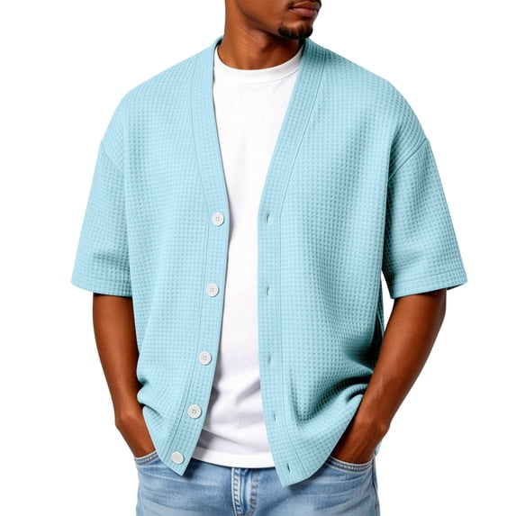 Hogleaql Men's V Neck Cardigan Sweater Button Waffle Open Front Cardigans Short Sleeve Lightweight Workout Comfy Dressy Outfit Light Blue 4XL