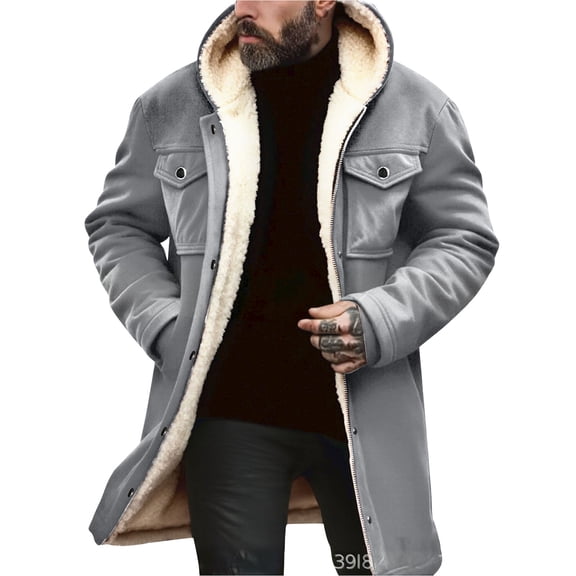Hogleaql Men's Vintage Suede Jacket Plush Retro Suede Thicken Reversed Collar Hooded Jacket Multi-Pocket Zipper Long Sleeve Loose Winter Coat Gray 3XL