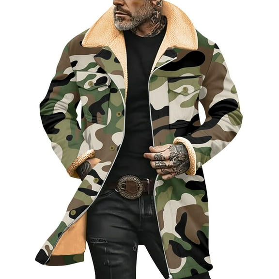 Hogleaql Men's Vintage Suede Jacket Plush Reversed Collar Long Sleeve Zip Up Jacket Loose Thicken with Pockets Winter Coat Camouflage L