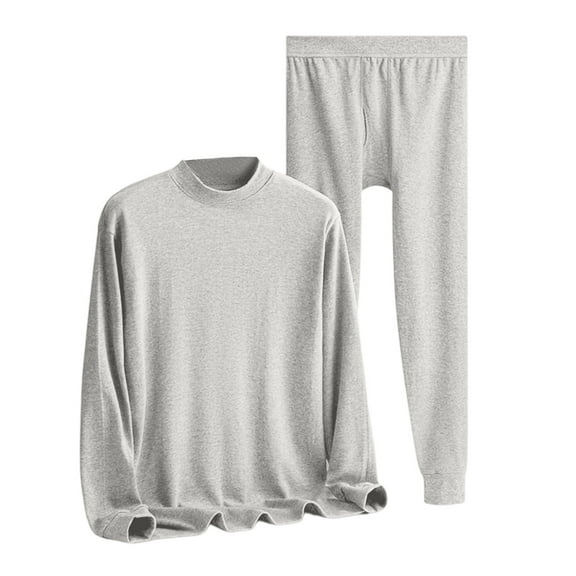 Hogleaql Mens 2 Piece Fleece Lined Thermal Underwear Set, Underwear Base Layer Crewneck Long Sleeve Shirt & Bottom Set Pjs Soft Fashion Cotton Sleepwear Light Gray 2XL