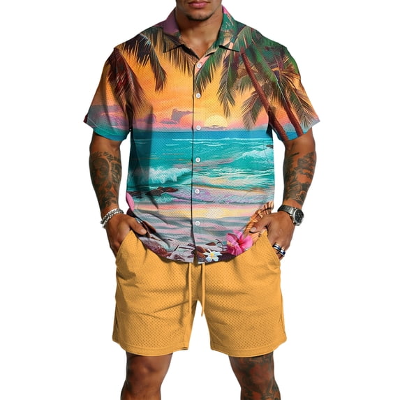 Hogleaql Mens 2 Pieces Outfits Short Sleeve Button Down Shirts and Shorts Tracksuits Elastic Waist Relaxed Fit Loose Lightweight Matching Sets with Pockets Earthy Yellow M