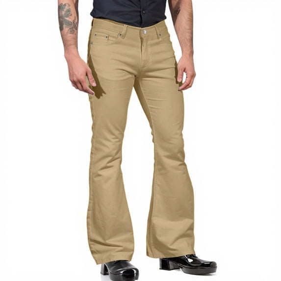Hogleaql Mens Bell Bottom Jeans Pants 60s 70s Disco Flare Legs Jeans with Pocket Vintage Denim Relaxed Fit Pants for Men Khaki M