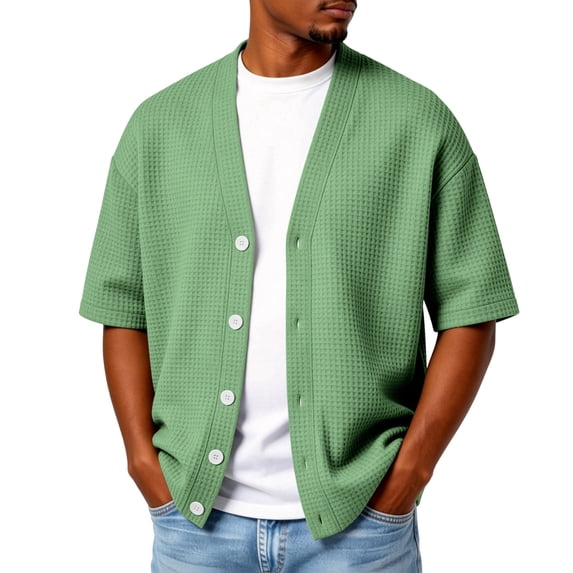 Hogleaql Mens Cardigan Sweater Button Down V Neck Waffle Open Front Cardigans Short Sleeve Lightweight Casual Comfy Fashion Outfit Green 4XL
