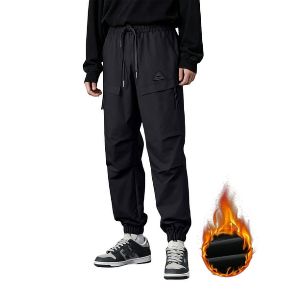 Hogleaql Mens Cargo Pants Casual Drawstring Dressy Thicken Elastic Waist Workwear Pants with Pockets Lightweight Loose Fit Trousers Black M