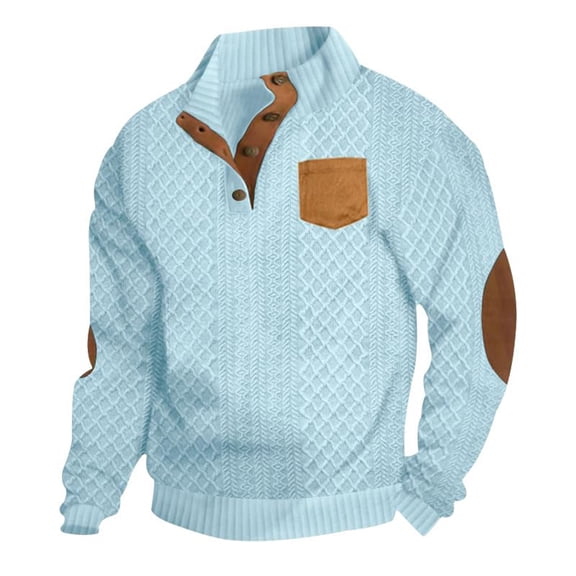 Hogleaql Mens Casual Knitted Pullover Sweater Long Sleeve Collar Outdoor Button Sweater Elbow Patches Winter Pullover Sweater Light Blue L