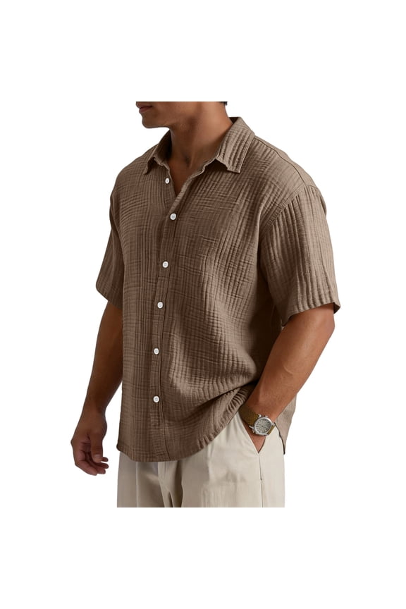 Mens Cuban Guayabera Shirts Button Down Short Sleeve Shirt Cotton Casual Summer Beach Wedding Shirts Brown 3XL