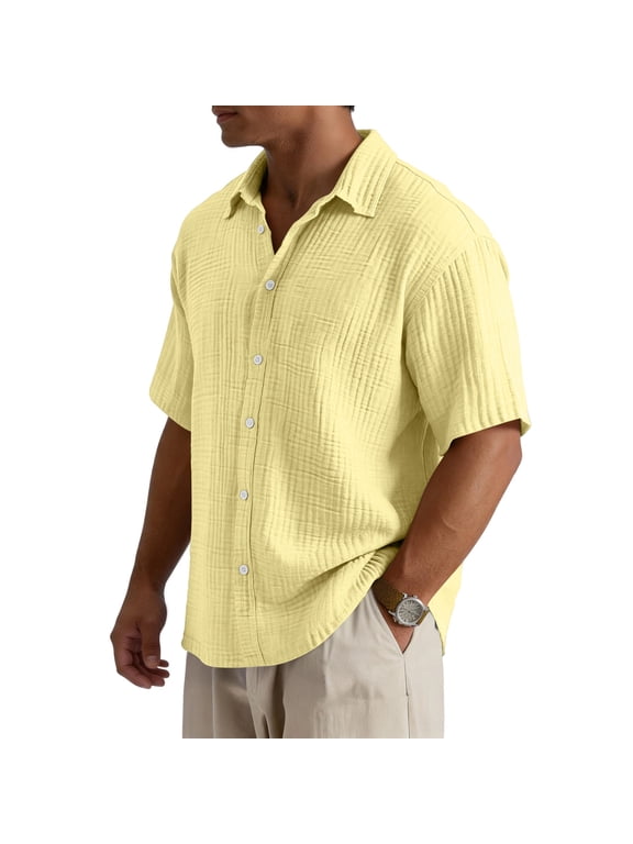 Mens Cuban Guayabera Shirts Button Down Short Sleeve Shirt Cotton Casual Summer Beach Wedding Shirts Yellow 3XL