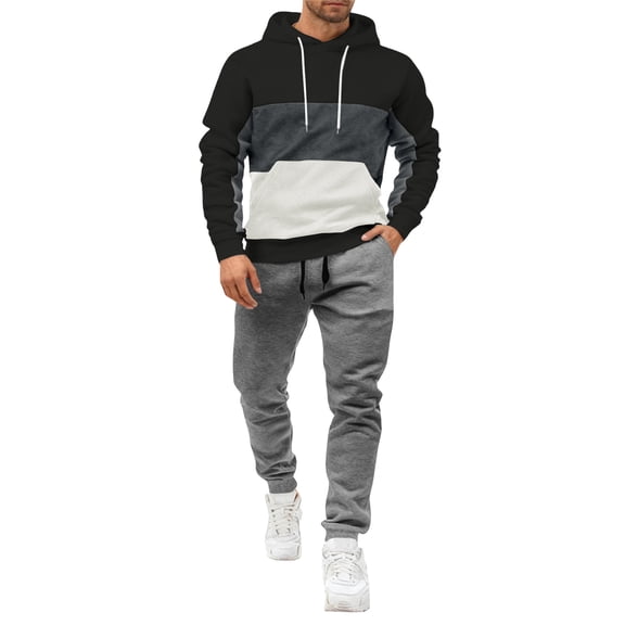 Hogleaql Mens Hoodie Sweatsuit 2 Piece Color Block Relaxed Fit Pullover Hoodies Joggers Sport Pants Set Sweat Winter Suits with Pockets Black XL