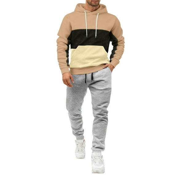 Hogleaql Mens Hoodie Sweatsuit 2 Piece Color Block Relaxed Fit Pullover Hoodies Jogging Running Pant Set Fleece Winter Suit with Pockets Khaki 2XL