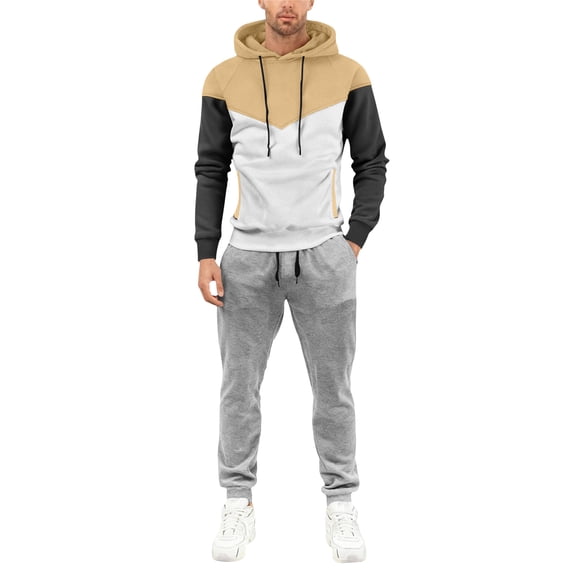 Hogleaql Mens Hoodie Sweatsuit 2 Piece Color Block Sweat Hoodie Joggers Sport Pant Set Fleece Fall Suit with Pockets Khaki L