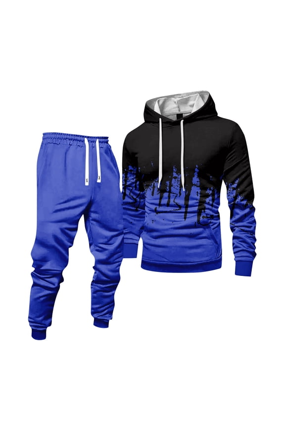 Mens Hoodie Sweatsuit 2 Piece Solid Color Fleece Hoodie Joggers Athletic Pants Set Relaxed Fit Winter Suit with Pockets Blue 3XL