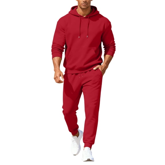 Hogleaql Mens Hoodie Sweatsuit 2 Piece Solid Color Fleece Pullover Hoodies Jogging Athletic Pant Set Casual Fall Suit with Pockets Red XL
