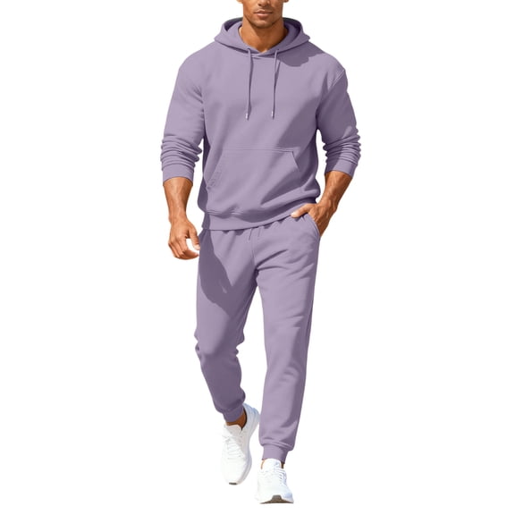 Hogleaql Mens Hoodie Sweatsuit 2 Piece Solid Color Fleece Pullover Hoodies Jogging Athletic Pants Set Casual Winter Suit with Pockets Light Purple XL