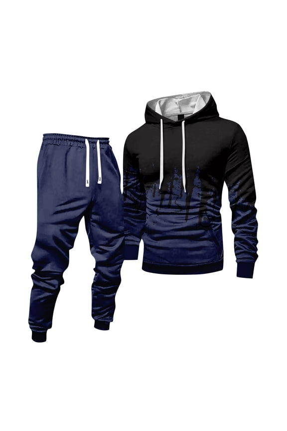 Mens Hoodie Sweatsuit 2 Piece Solid Color Sweat Hoodie Jogging Athletic Pant Set Relaxed Fit Fall Winter Suits with Pockets Navy 2XL