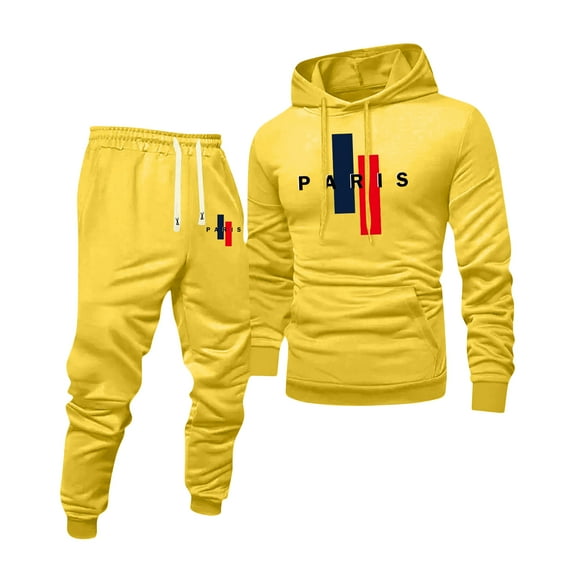 Hogleaql Mens Hoodie Sweatsuit 2 Piece Solid Color Sweat Hoodie Jogging Running Pant Set Casual Fall Winter Suits with Pockets Yellow XL