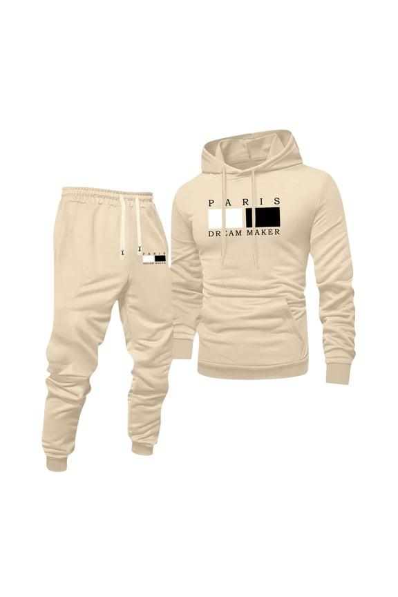 Mens Hoodie Sweatsuit 2 Piece Solid Color Sweat Hoodie Jogging Sport Pants Set Fleece Fall Winter Suits with Pockets Beige M