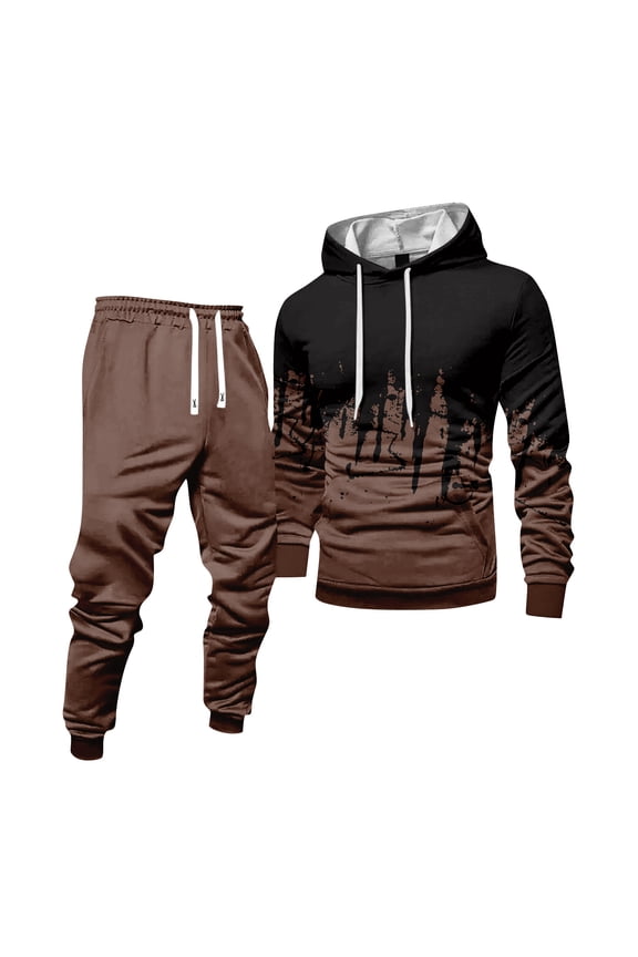 Mens Hoodie Sweatsuit 2 Piece Solid Color Sweat Pullover Hoodies Joggers Athletic Pant Set Fleece Winter Suits with Pockets Coffee 3XL