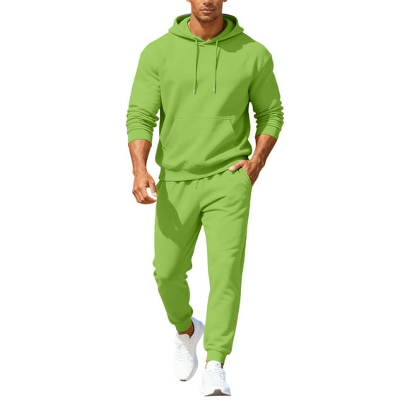 Hogleaql Mens Hoodie Sweatsuit 2 Piece Solid Color Sweat Pullover Hoodies Joggers Sport Pants Set Fleece Fall Suits with Pockets Fluorescent Green XL
