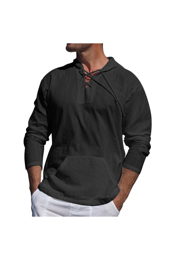 Mens Medieval Pirate Shirt Steampunk Retro Renaissance Viking Long Sleeve Lace Up Mercenary Halloween Scottish Tops Black 2XL