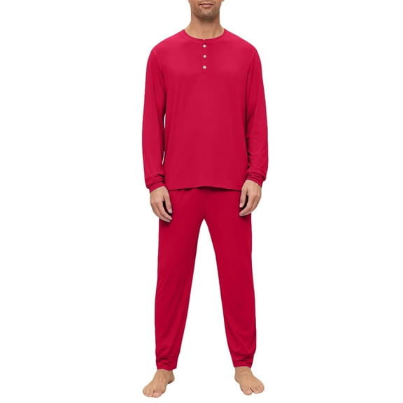 Hogleaql Mens Pajama Set, 2 Pcs Henley Neck Long Sleeve T-Shirt and Pants Pockets Pj Set Lounge Comfy Loose Fall Winter Fashion Solid Color Loungewear Wine M