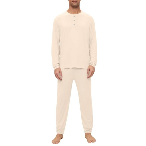 Hogleaql Mens Pajama Set, 2 Piece Henley Long Sleeve T-Shirt and Pants Pockets Pj Set Lounge Soft Loose 2025 Fall Trendy Solid Color Sleepwear Beige S