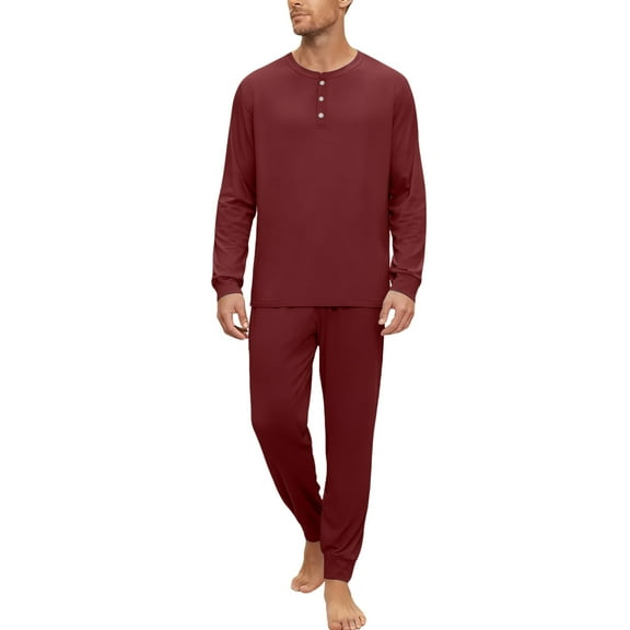 Hogleaql Mens Pajama Set, 2 Piece Henley Neck Long Sleeve Shirts and Pants Pockets Pj Set Lounge Soft Loose Fit 2025 Fall Dressy Solid Loungewear Red 2XL