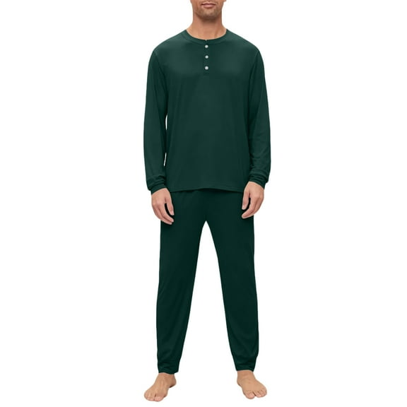 Hogleaql Mens Pajama Set, Two Pieces Henley Collar Long Sleeve T-Shirt and Pants Pockets Pj Set Lounge Comfortable Loose Fit 2025 Fall Dressy Solid Color Sleepwear Dark Green 3XL