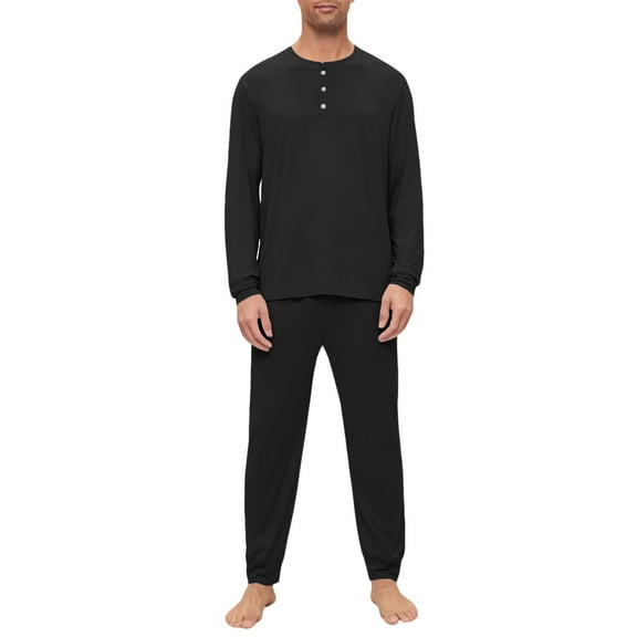 Hogleaql Mens Pajamas Set 2 Pcs Henley Collar Long Sleeve Tshirts and Pants with Pockets Pj Set Lounge Casual Loose 2025 Fall Fashion Solid Sleepwear Black S