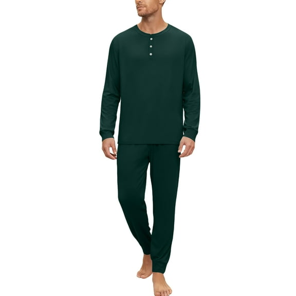 Hogleaql Mens Pajamas Set Henley T-Shirt 2 Piece Long Sleeve T-Shirt and Pants with Pockets Pjs Set Lounge Comfortable Loose Fall Winter Trendy Solid Sleepwear Dark Green XL