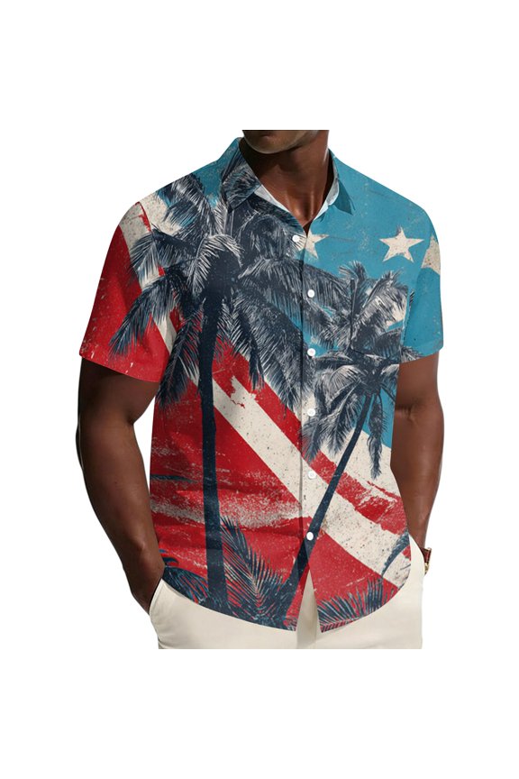 Mens Patriotic 4th Of July Shirts 4th Of July American Flag Graphic Short Sleeve Shirt Collared Button Down Trendy Hawaiian Workout Shirts for Men Dark Blue XL